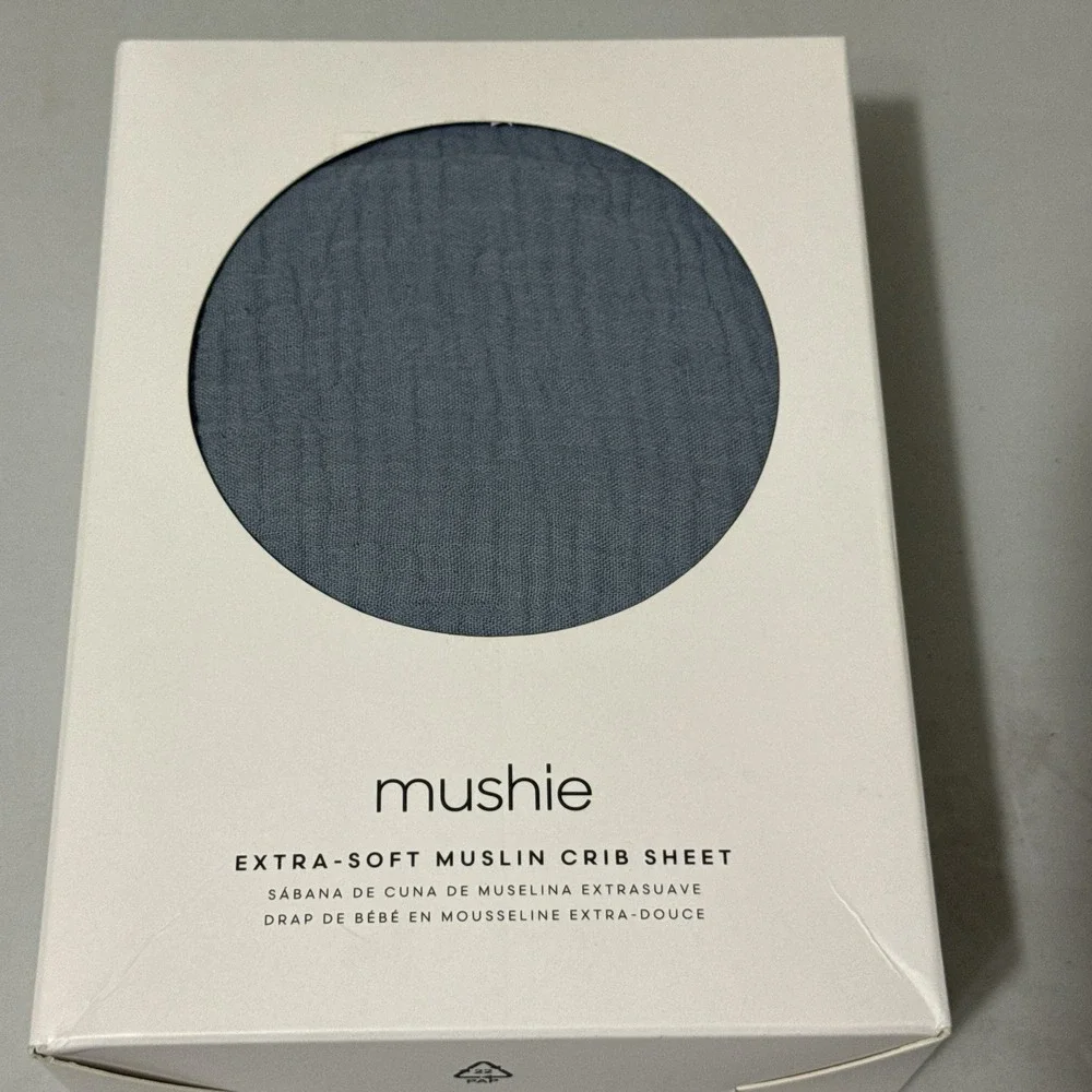 Mushie Extra Soft Beige Muslin Fitted Crib Sheet 100% Cotton Blue Tradewinds New